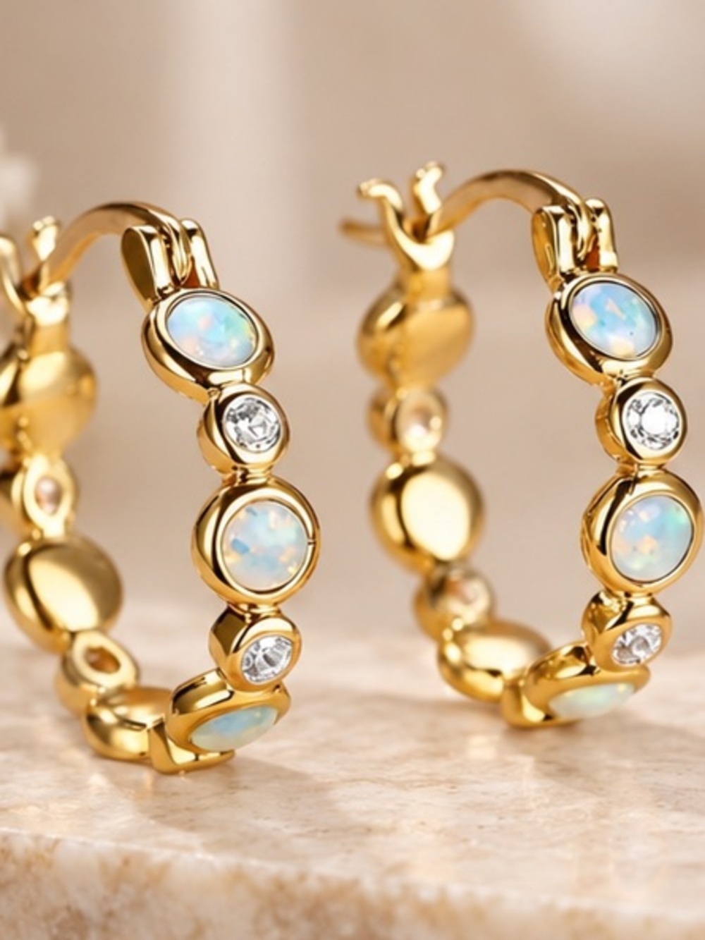 Gold Opal & Crystal Hoop Earrings Dainty 0.62”